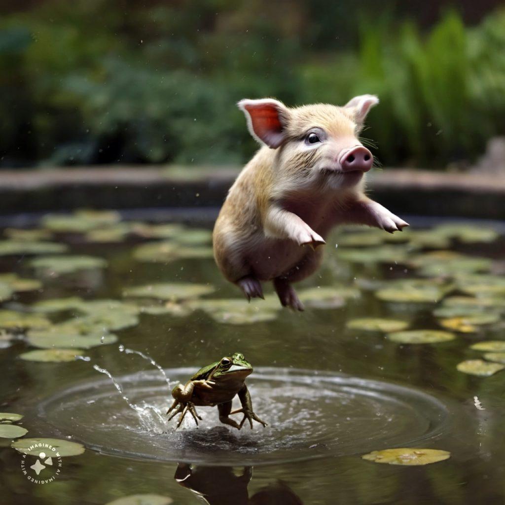 A pig flies over a frog in a pond. Illustrative of the mnemonic to remember Dalton's T