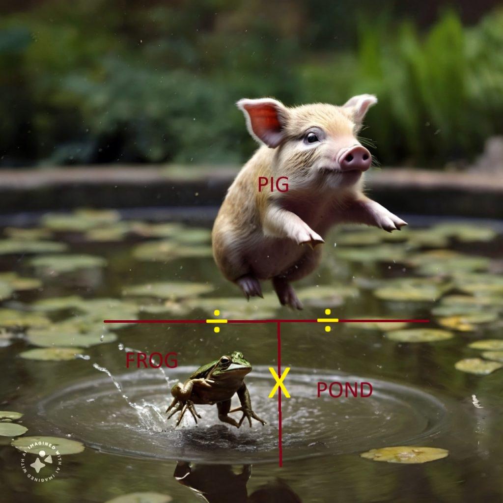 Nitrox - A pig flies over a frog in a pond. Illustrative of the mnemonic to remember Dalton's T - this image has labels and symbols that describe the appropriate multiplication or division to determine nitrox meausrements.